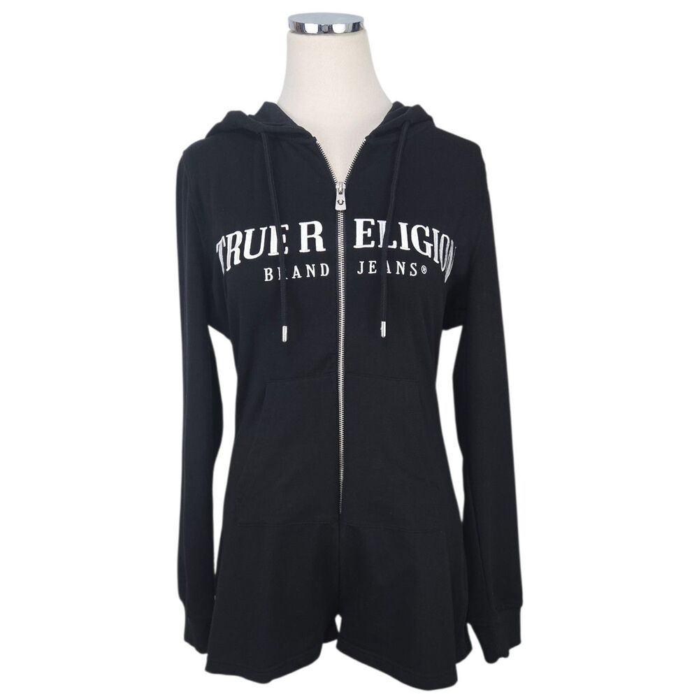 True Religion Womens XL Black French Terry Hoodie Romper Zip Up Logo Shorts
